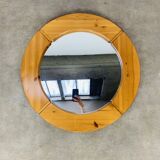 Scandinavian round solid pine mirror by Glasmäster Markaryd, Sweden, 70's