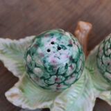 Salt & pepper set in slip – artichokes on leaf tray