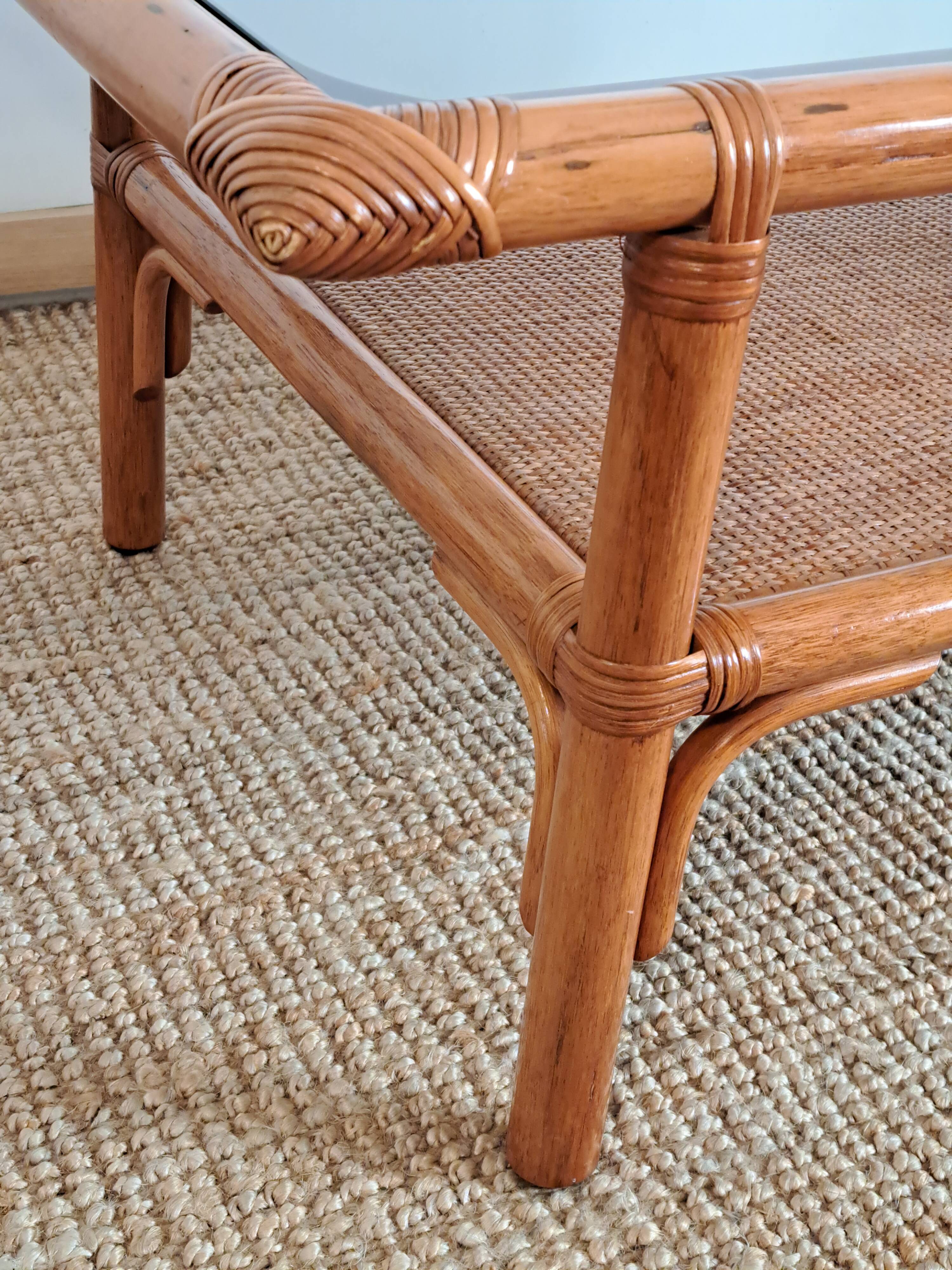 Vintage rectangular rattan and bamboo coffee table