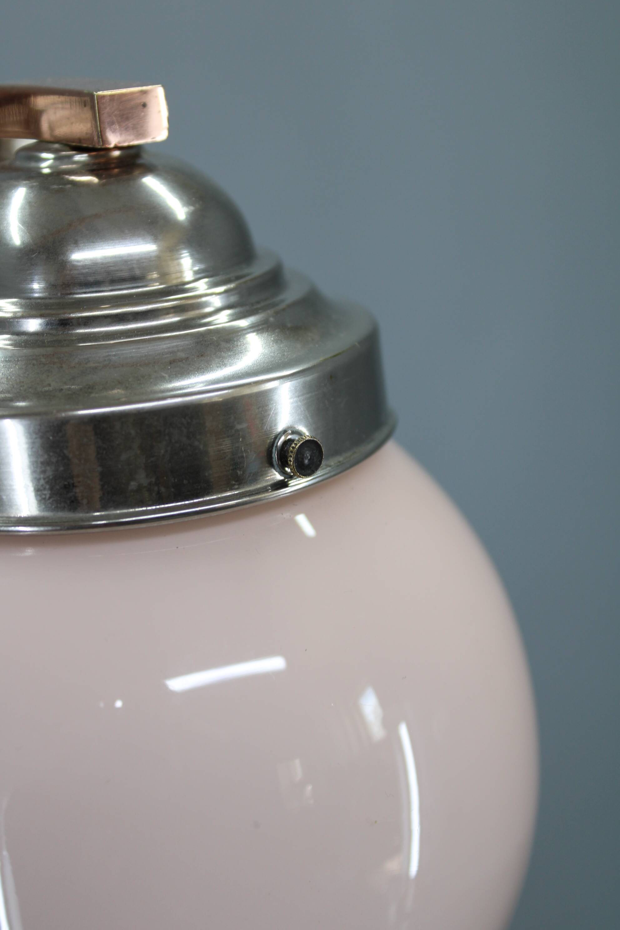 1930s Czechoslovak Art Deco nickel chandelier with rose opaline glass globes