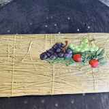 Rectangular cake dish in enameled ceramic, slip, fruit model, straw effect, vintage