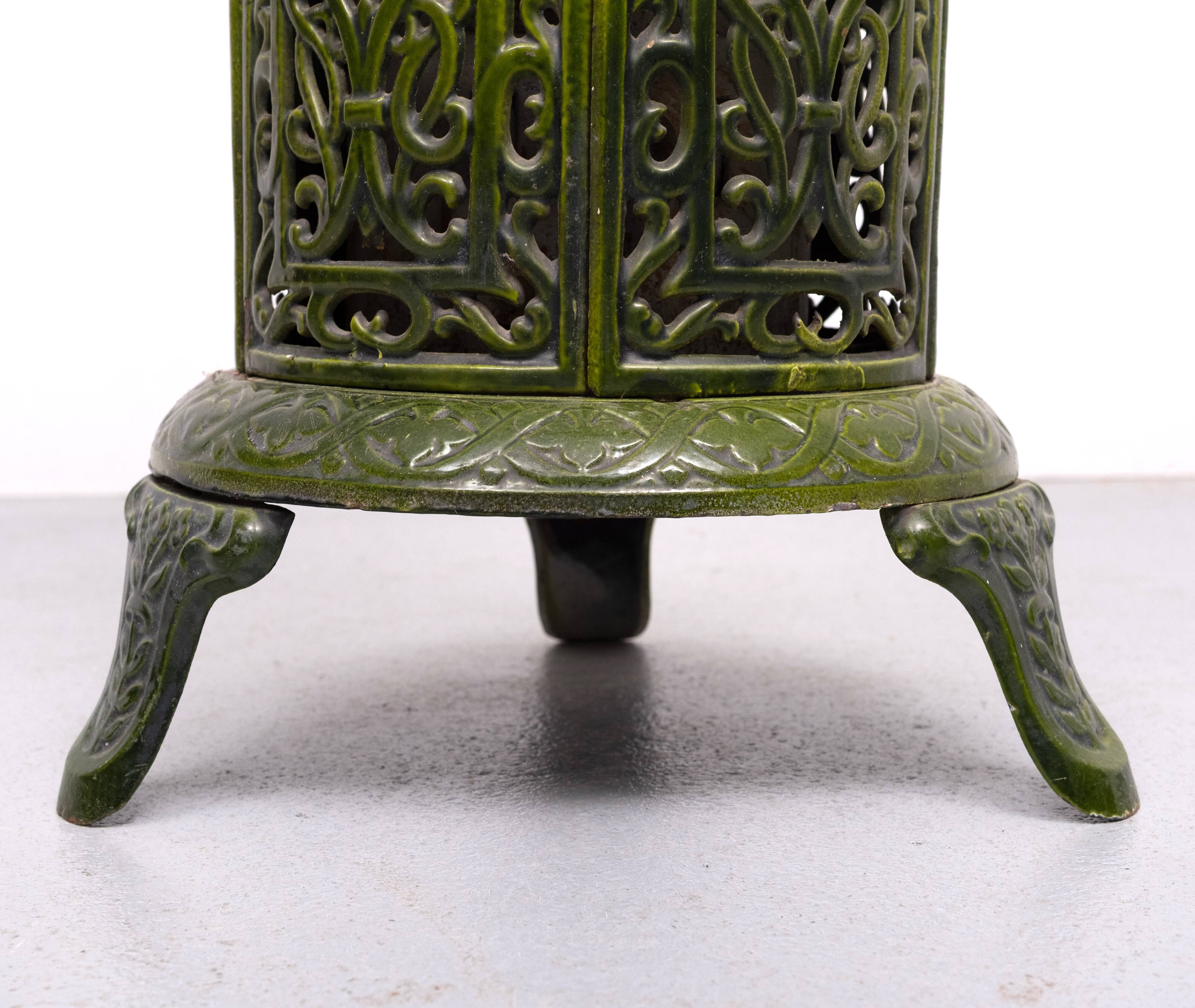 19th Century French Green Enameled Cast Iron Heater Stove