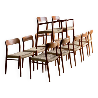 Niels Moller Model 56 & Model 75 Dining Chairs Teak & Papercord Set of 12 1960