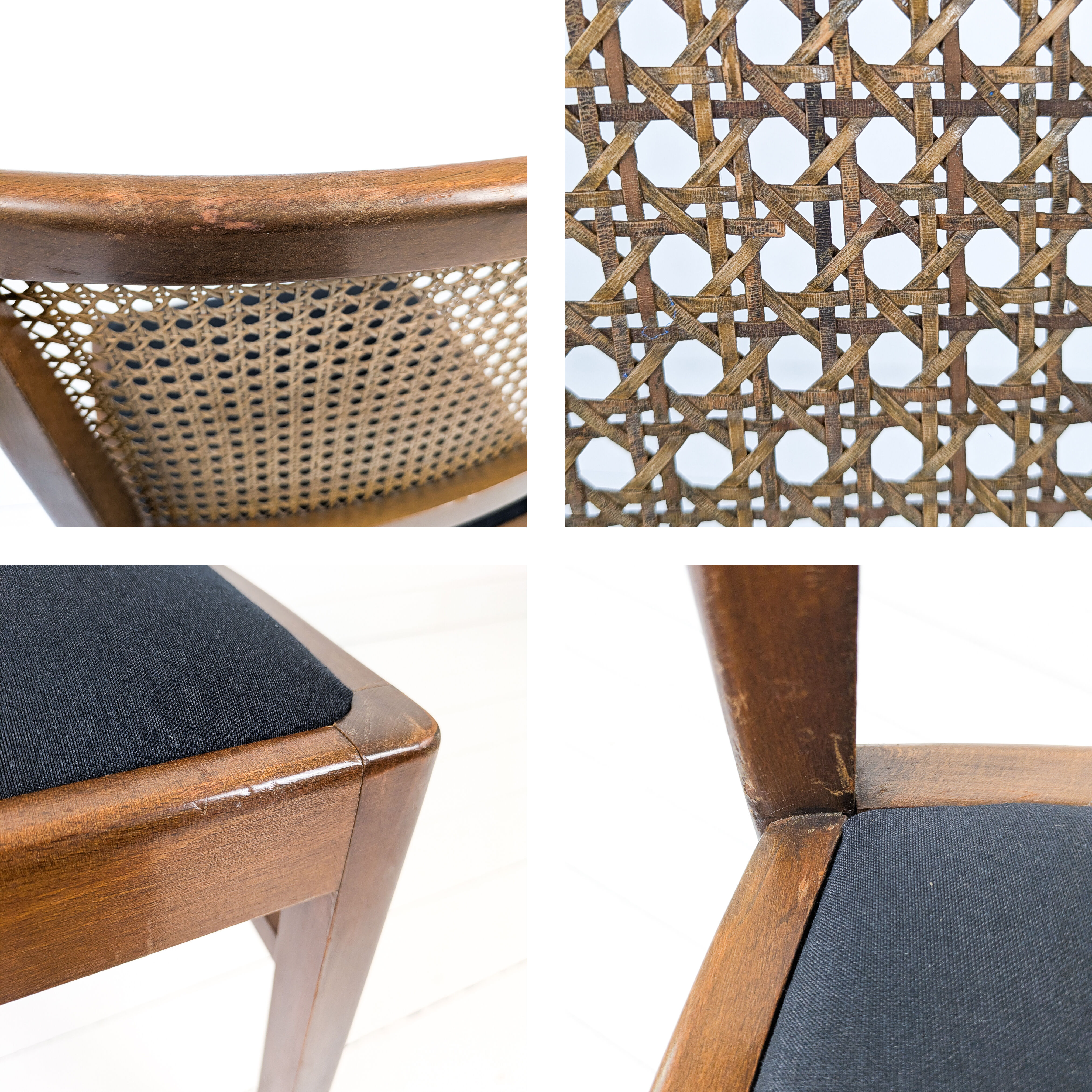 Lot de 4 chaises vintage en bois, cannage viennois et assise noire