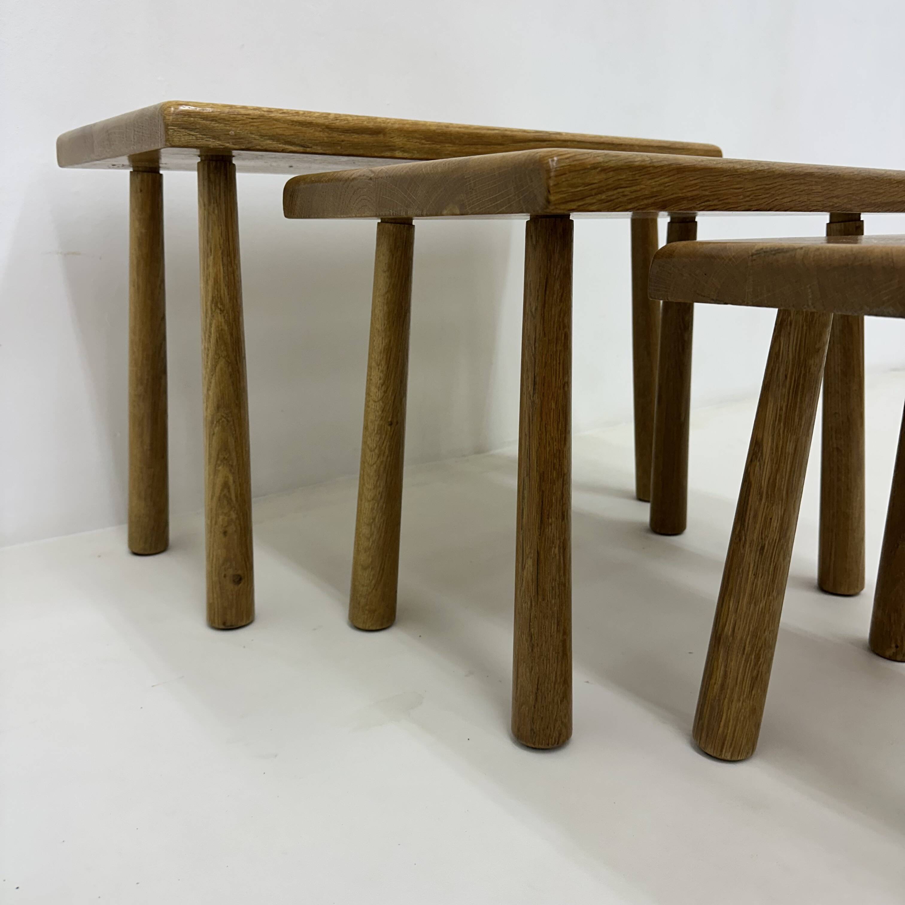 Set of nesting tables solid oak wood brutalist , 1970s