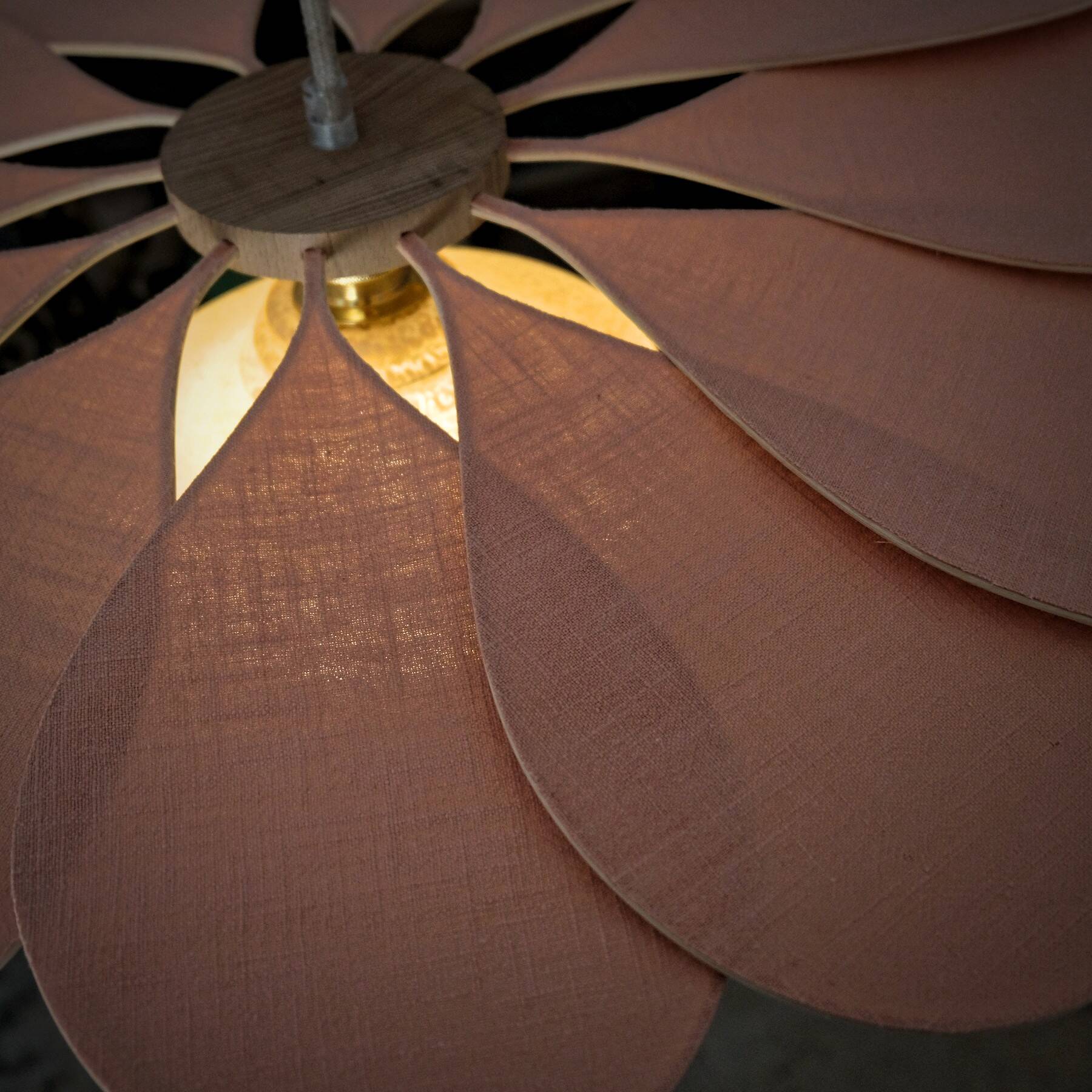 Rattan and Pink Linen Flower Pendant Light and Vintage Clichy Glass Globe