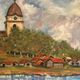 Original Swedish Oil on Panel – “Red Cottages near the Lake” by Unknown Artist 1948 – Vintage & Framed – 63 × 57 cm (24.8" × 22.4")