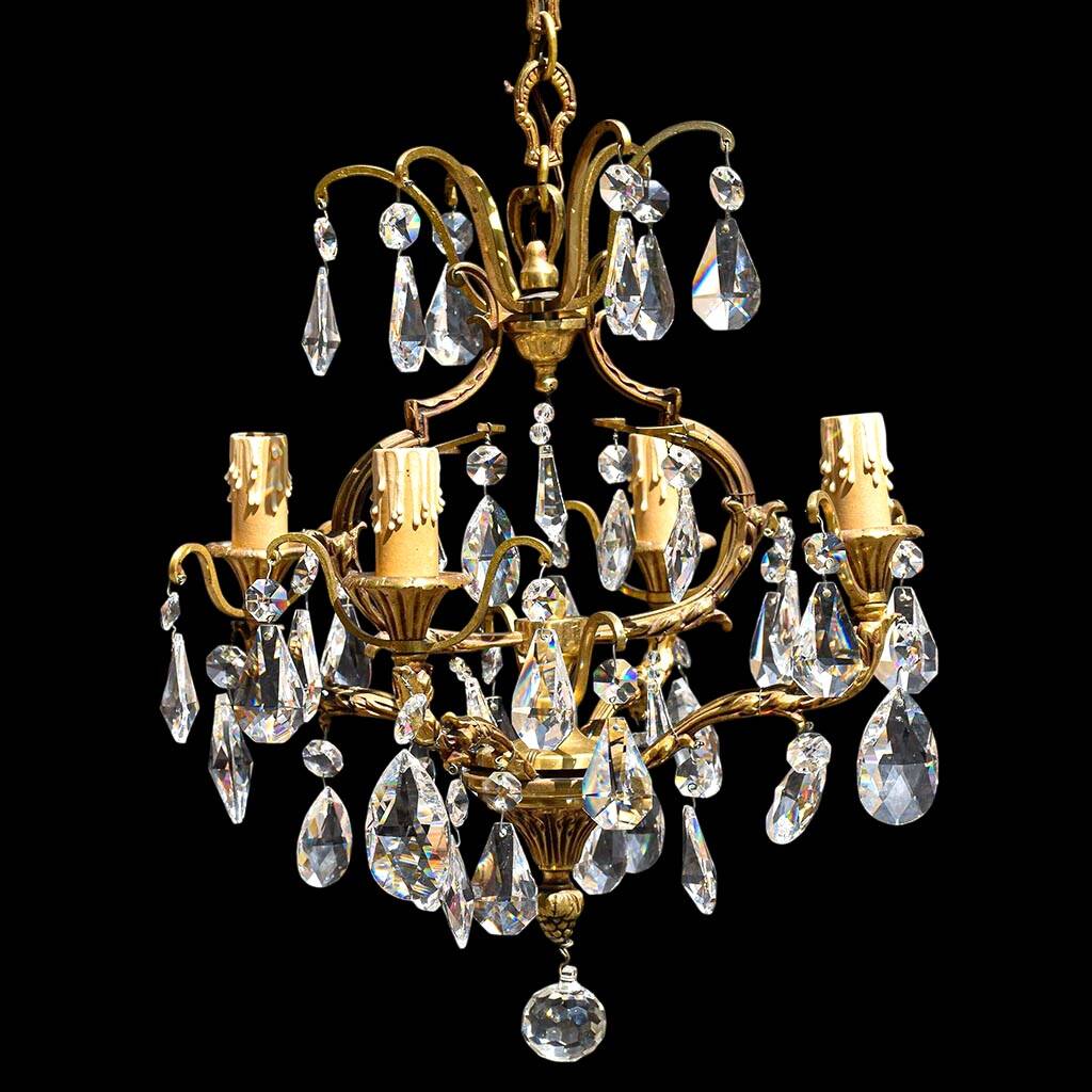 Chic chandelier with crystal tassels 4 lights gilded bronze H 69 cm vintage
