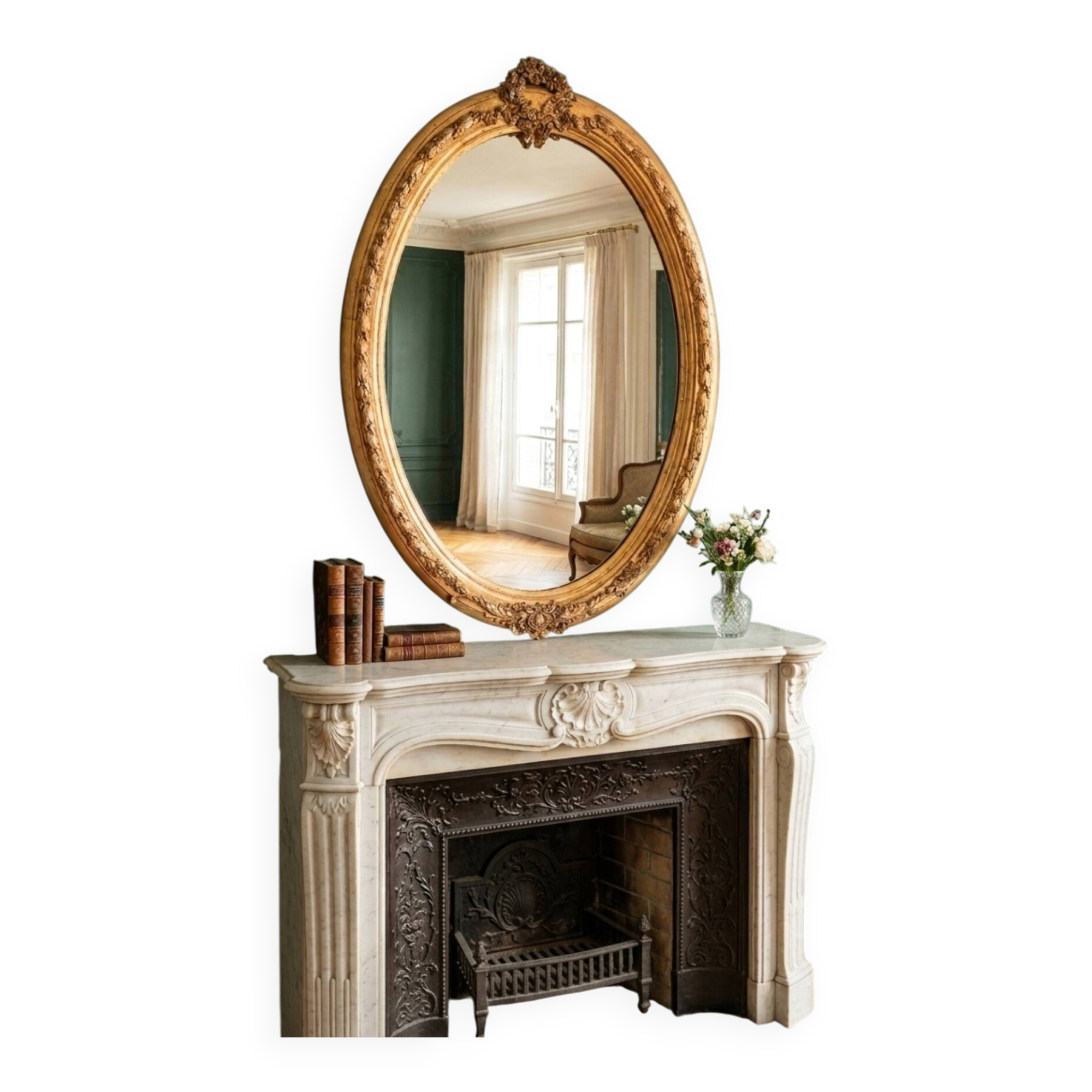 Gold oval mirror refurbished with a pediment — Louis XVI / Napoléon III style