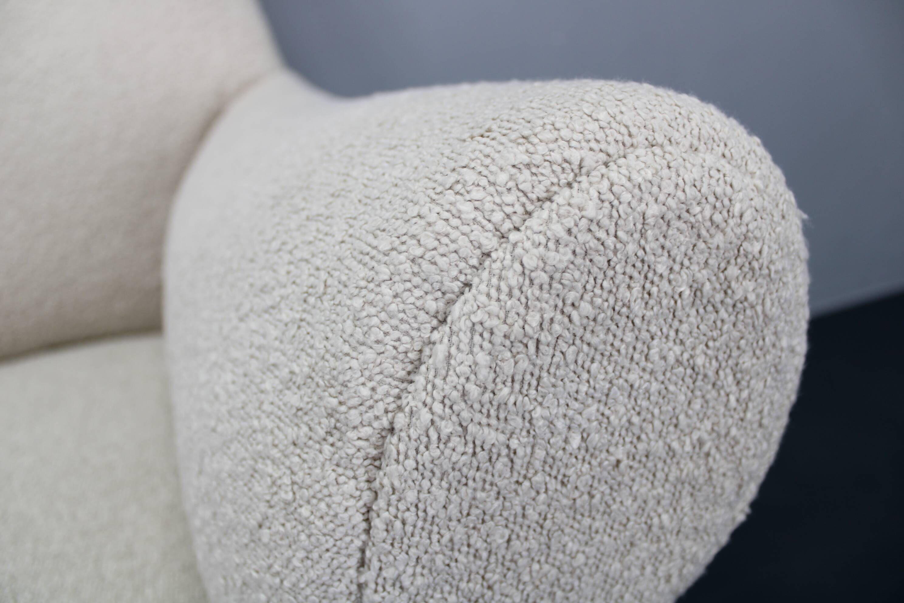 Pair of Italian mid-century boucle armchairs, iron & brass legs, 1950s