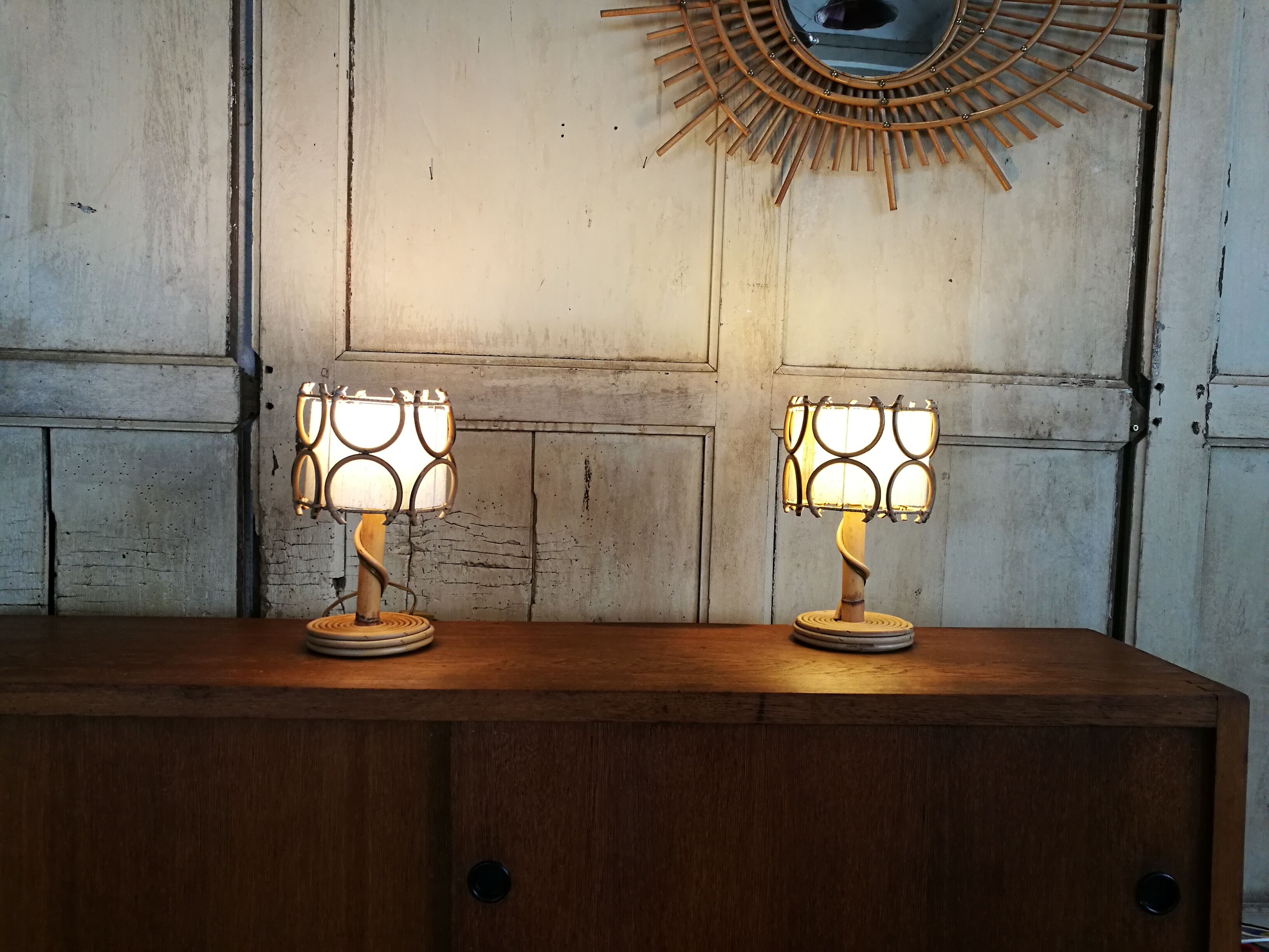 Pair of rattan bedside lamps