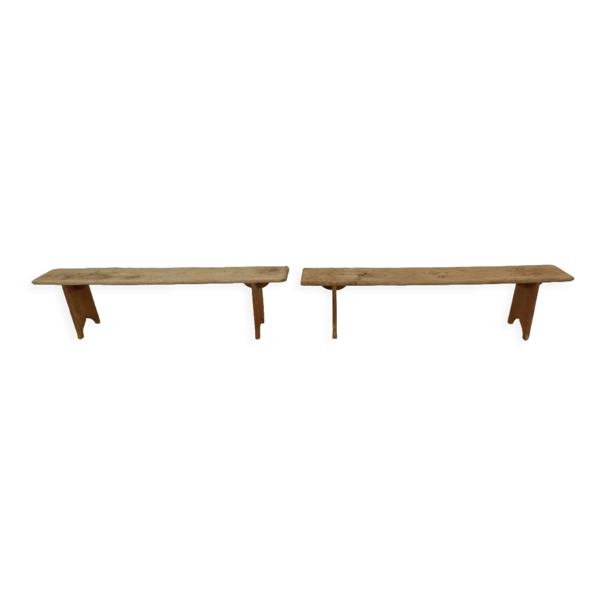 Two benches in their solid wood patinas