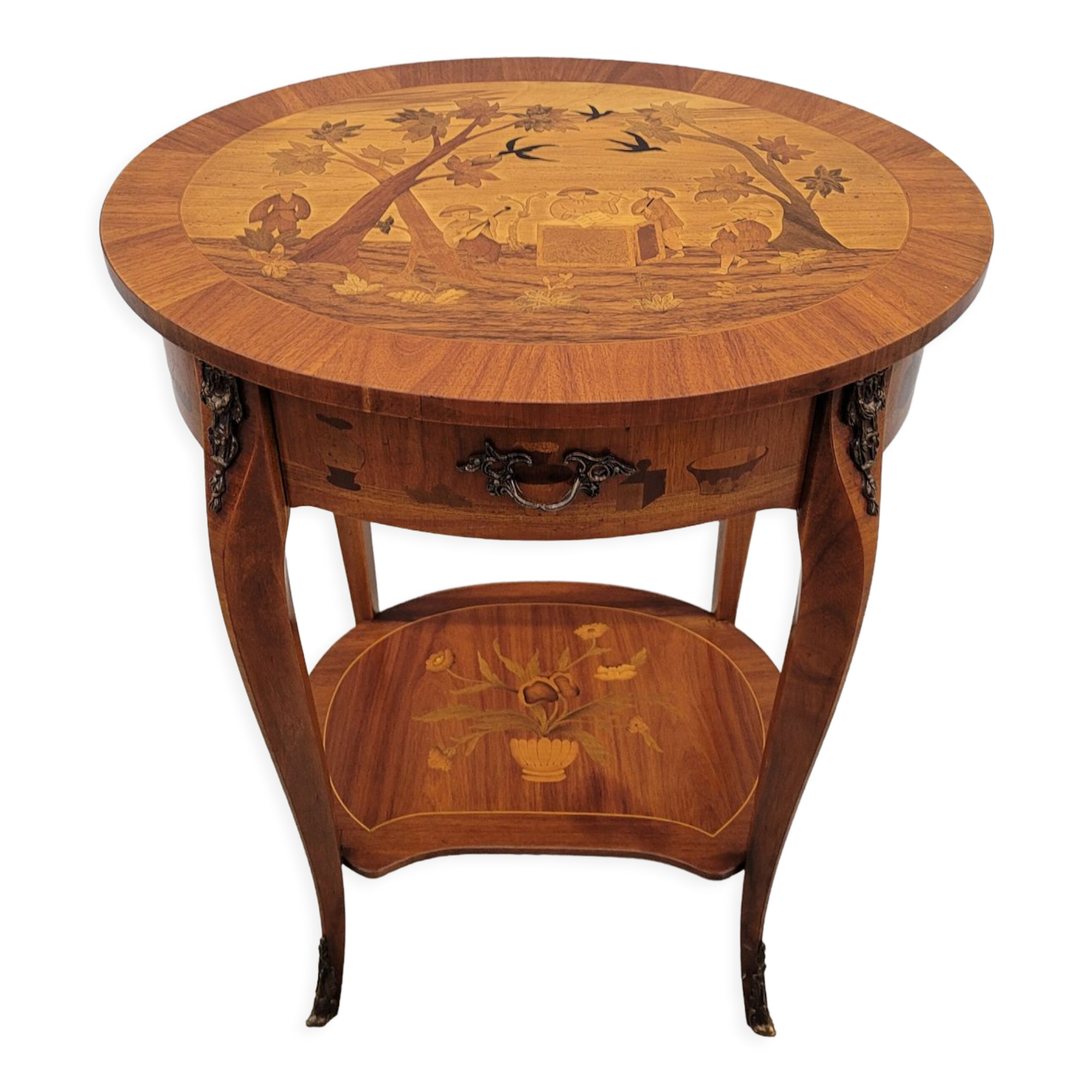 Louis xv style marquetry table Chinese scene