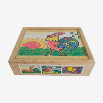 wooden cube puzzle with 6 vintage patterns