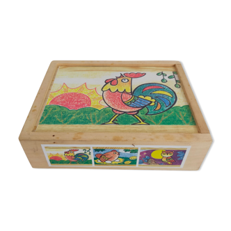 wooden cube puzzle with 6 vintage patterns