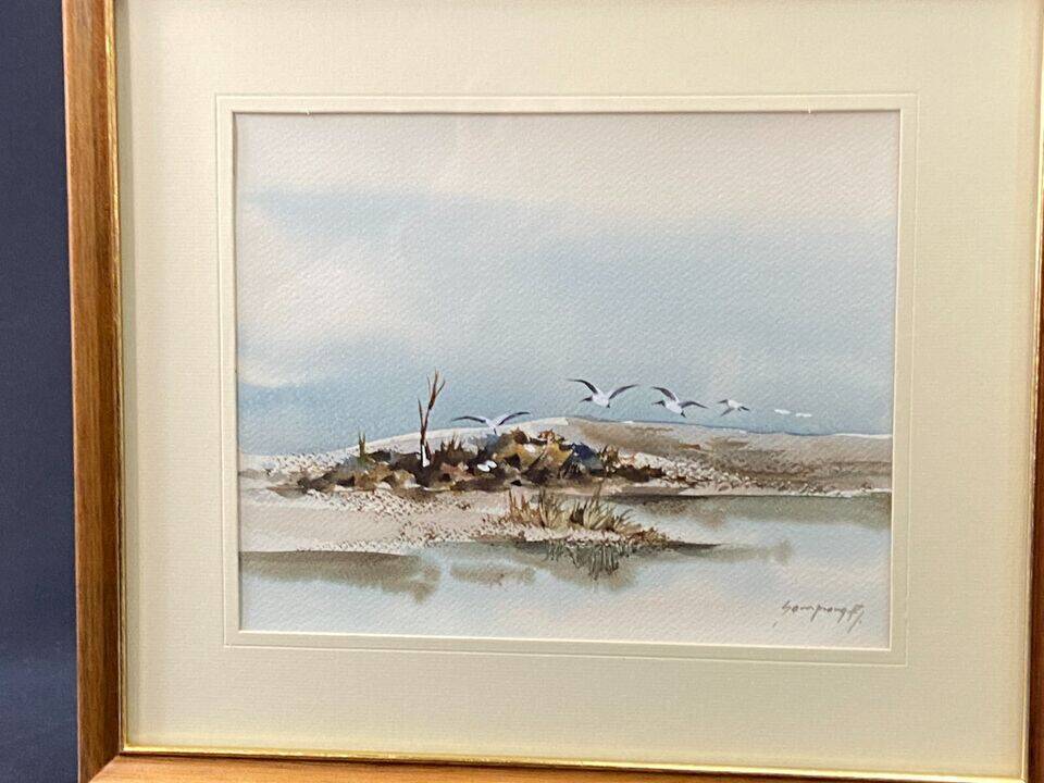 Tableau aquarelle signée au paysage de bord de mer aux mouettes