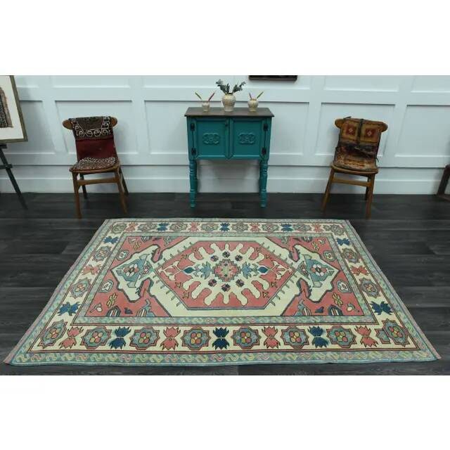 1970s Vintage Turkish Oushak Handmade Wool Cotton Pink Area Rug 162x226