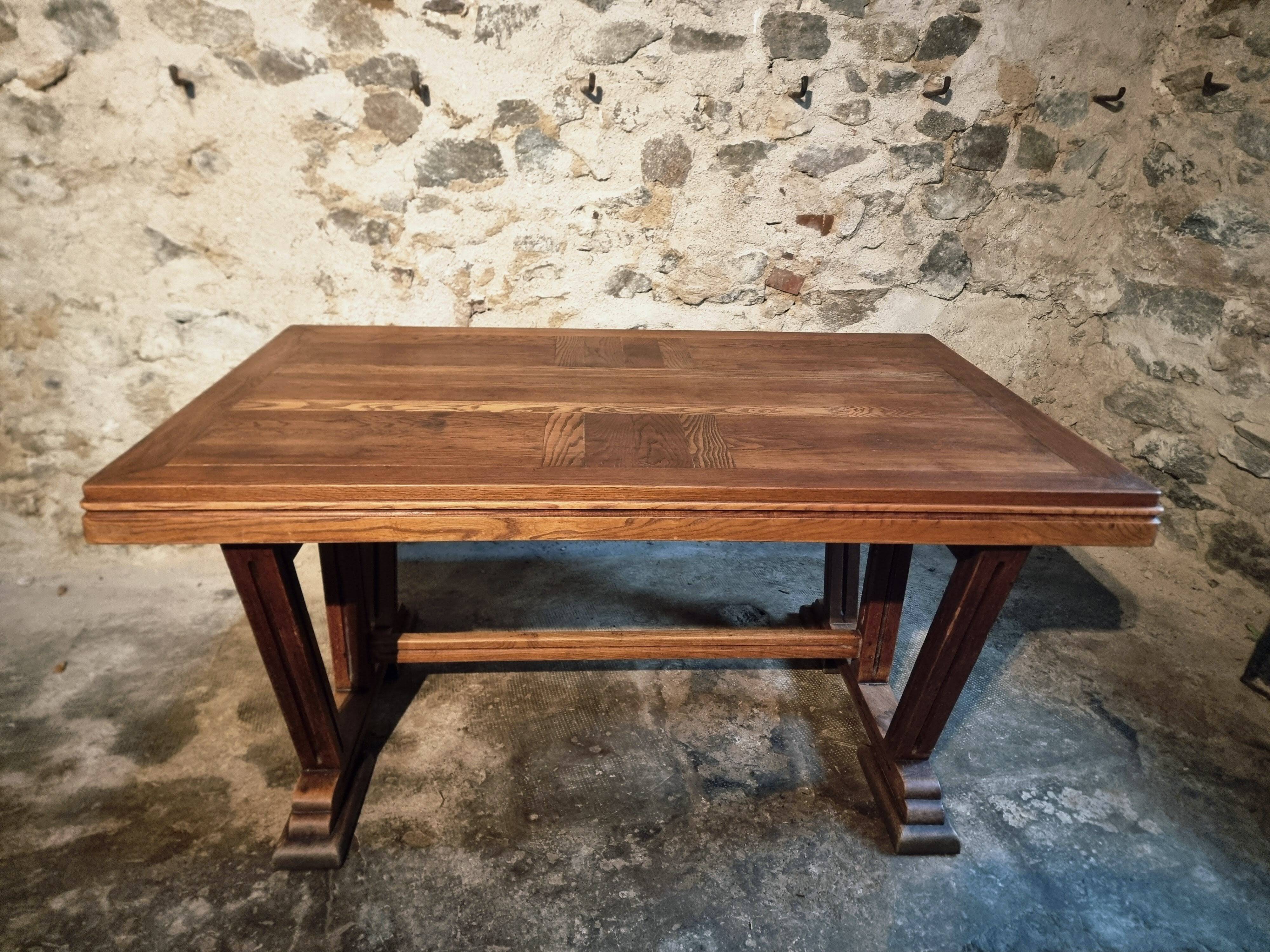 French vintage table in solid oak, Arts & Crafts style, 1930s–1940s.