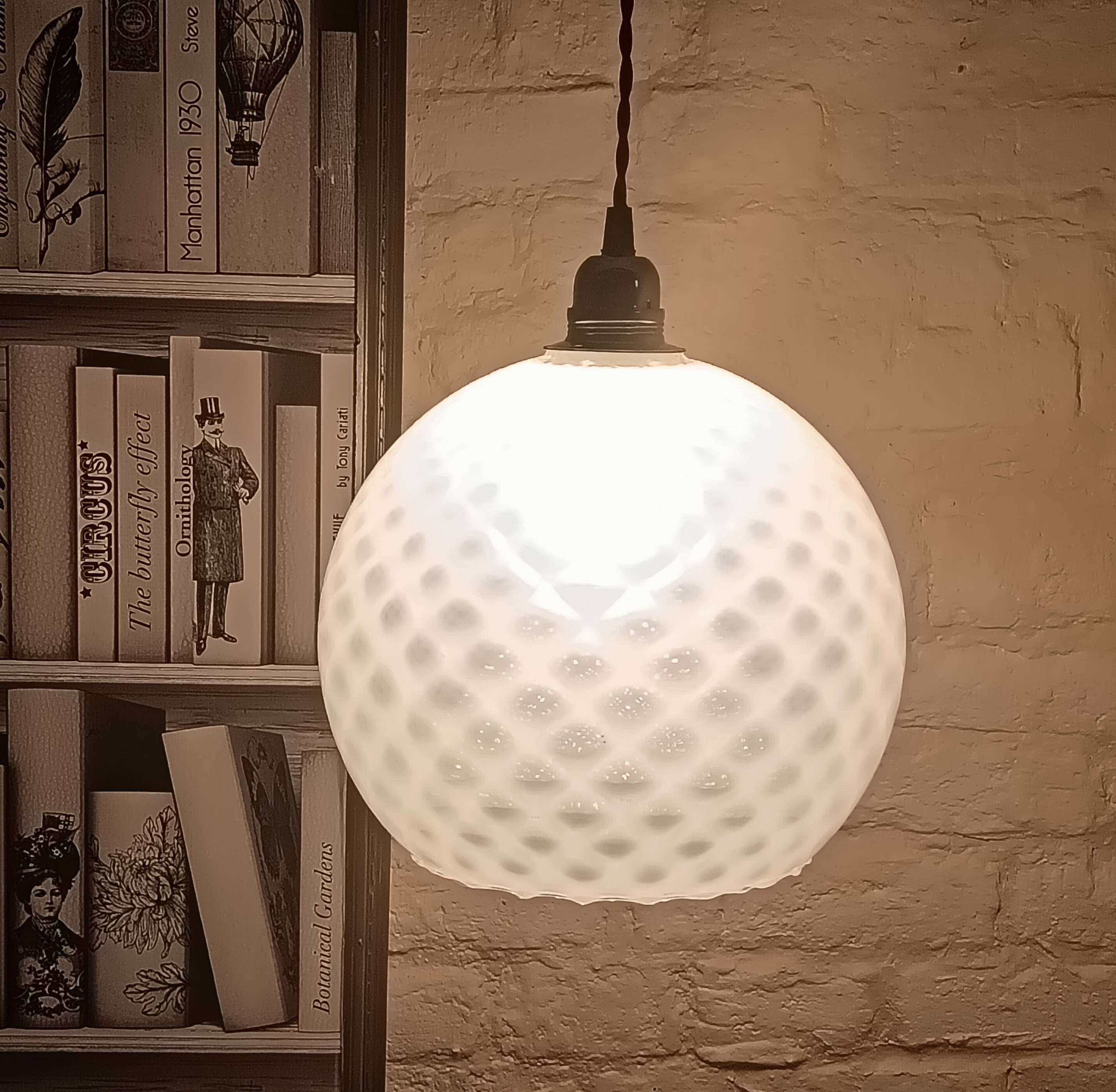 Vintage opaline glass ball pendant light with geometric patterns