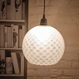 Vintage opaline glass ball pendant light with geometric patterns