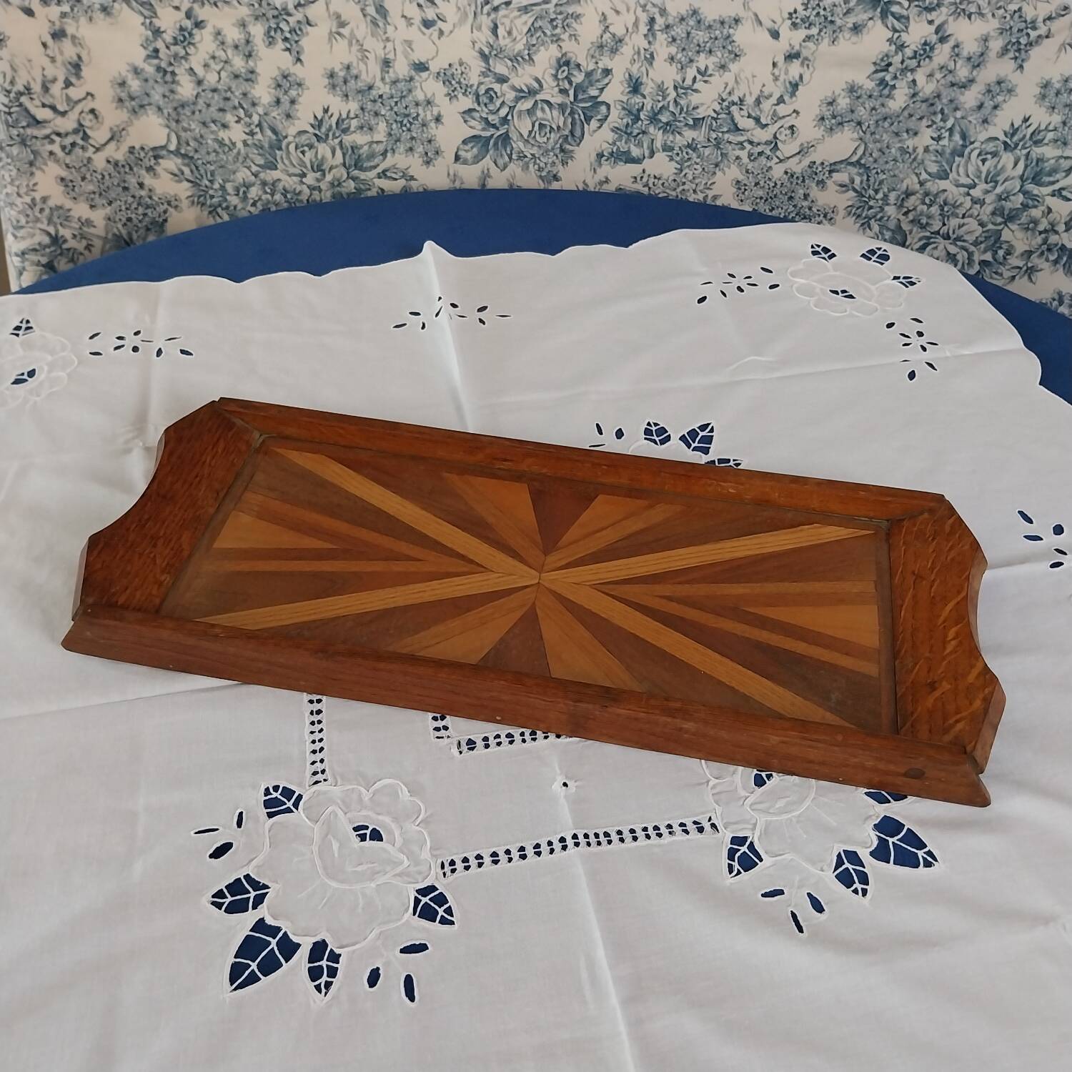 Antique rectangular tray in art deco marquetry wood