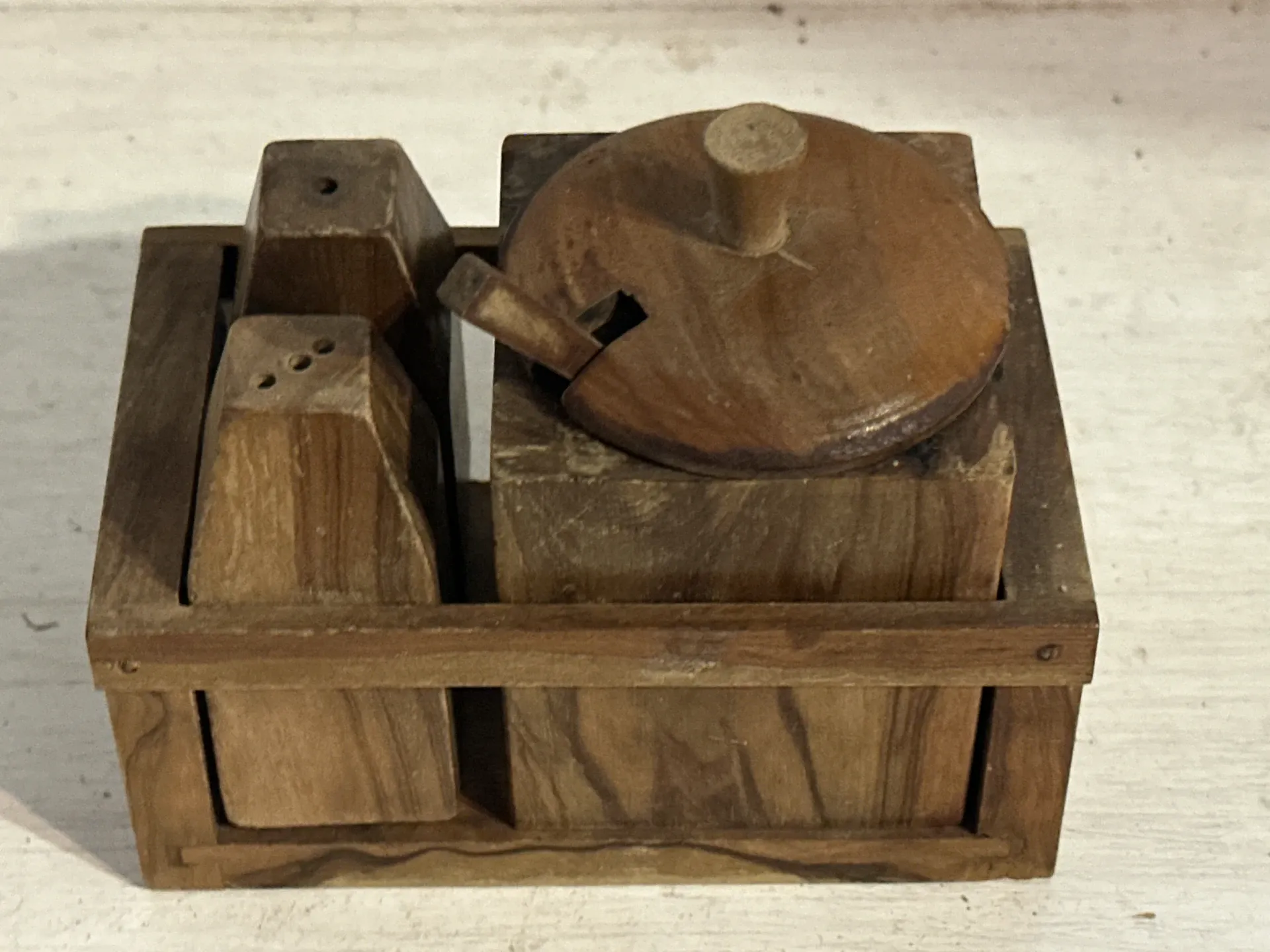 Brutalist condiment service in wood – Mid-Century 1950s