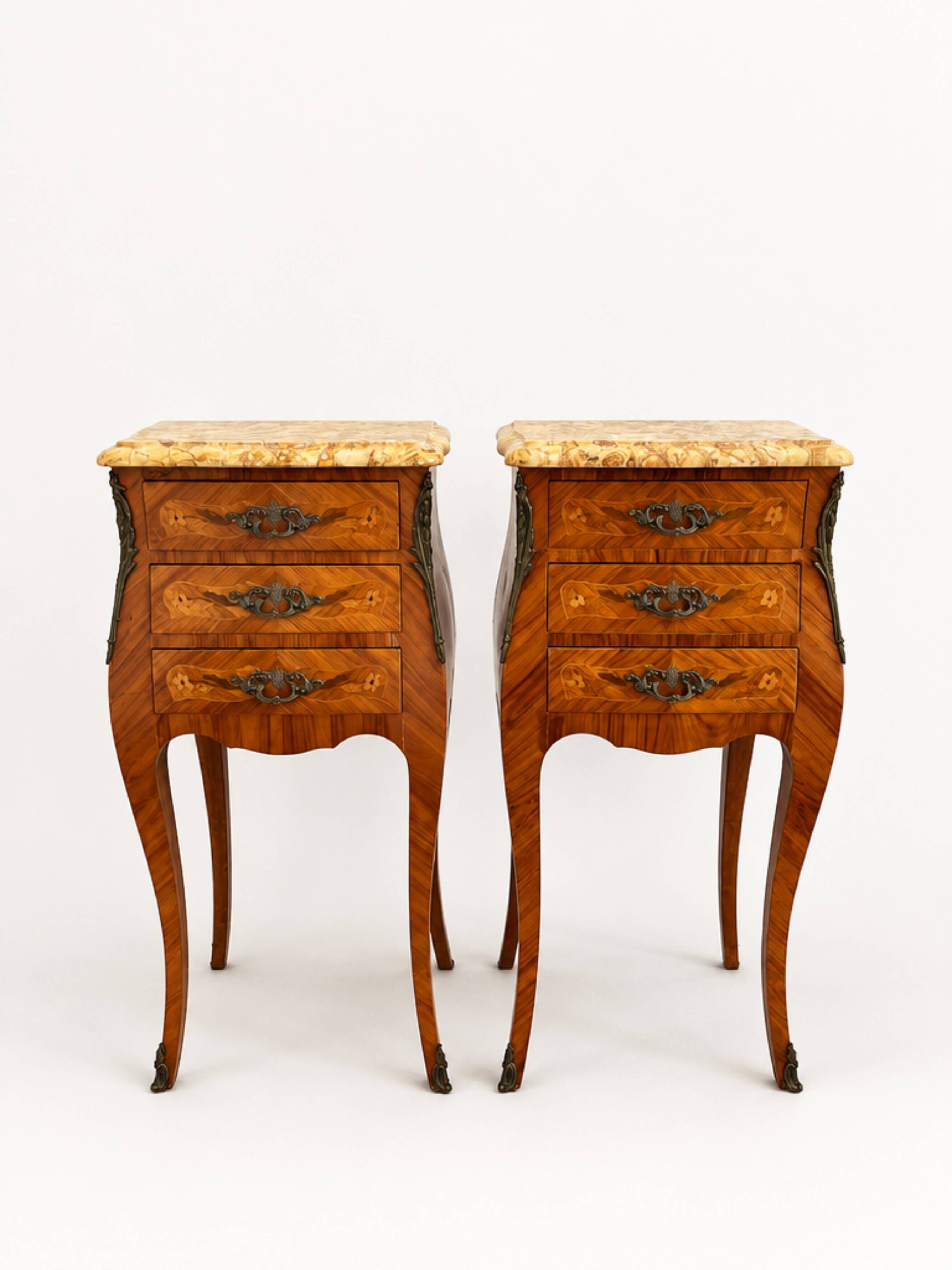 Pair French Rosewood Nightstands, Louis XV Marquetry Bedside Tables