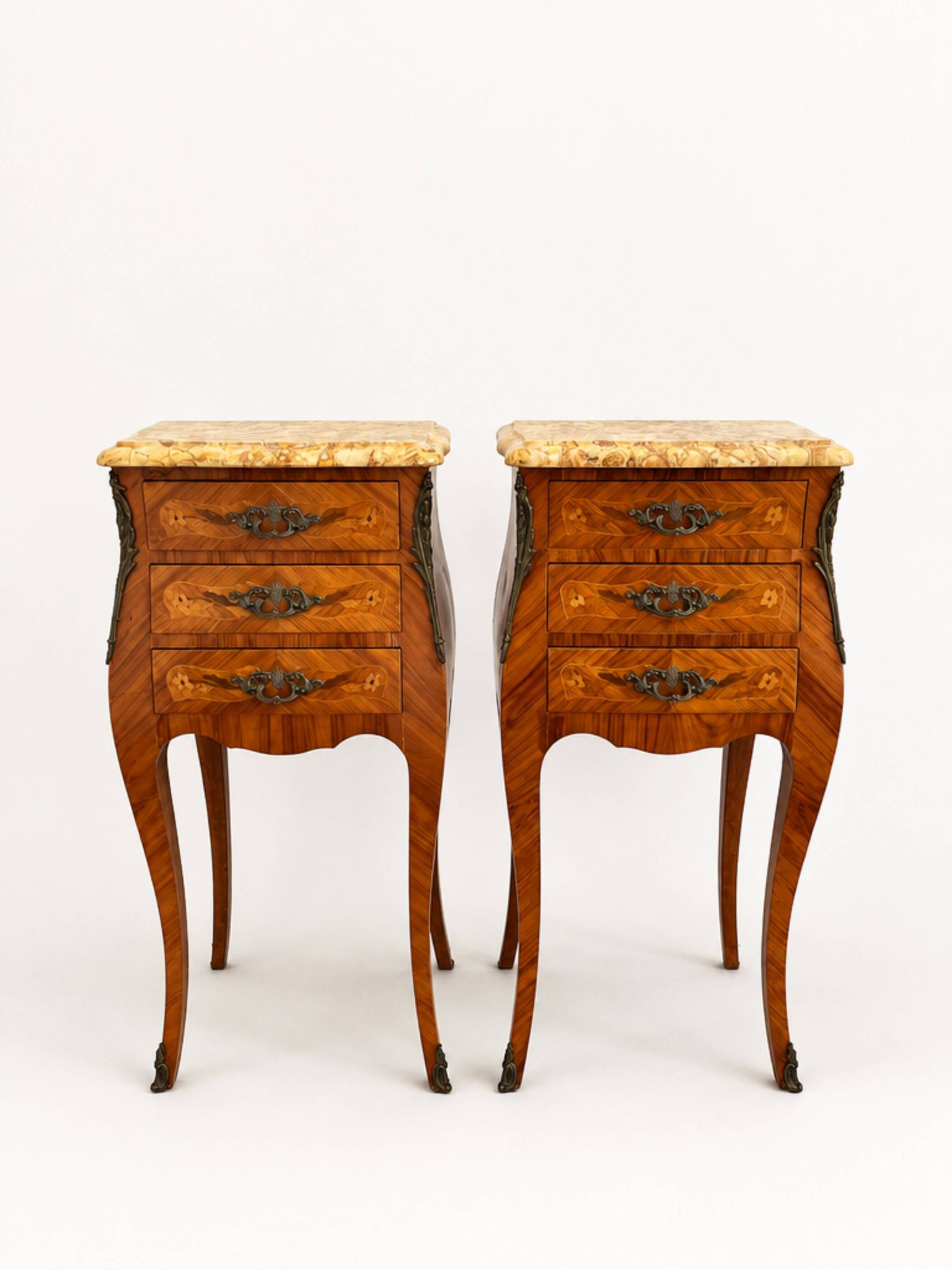 Pair of French rosewood bedside tables, Louis XV marquetry nightstands.