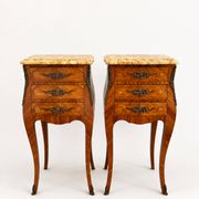 Pair of French rosewood bedside tables, Louis XV marquetry nightstands.