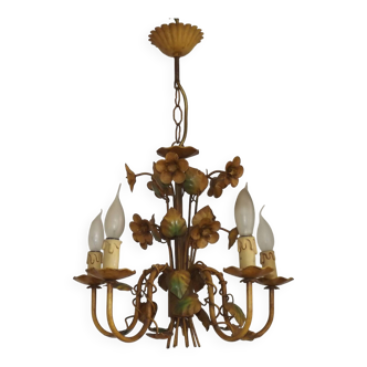 French Vintage 5 Light Metal Chandelier With Leaves And Flowers 5327