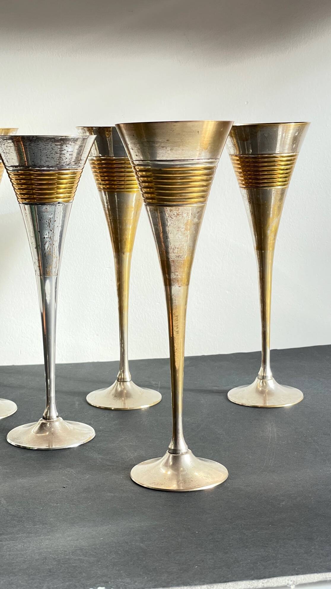 6 Vintage Silver-Plated Brass Champagne Flutes