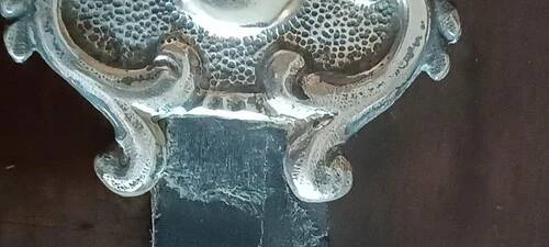 Ancient crucifix, silver-plated baptismal font from Naples, 19th century.