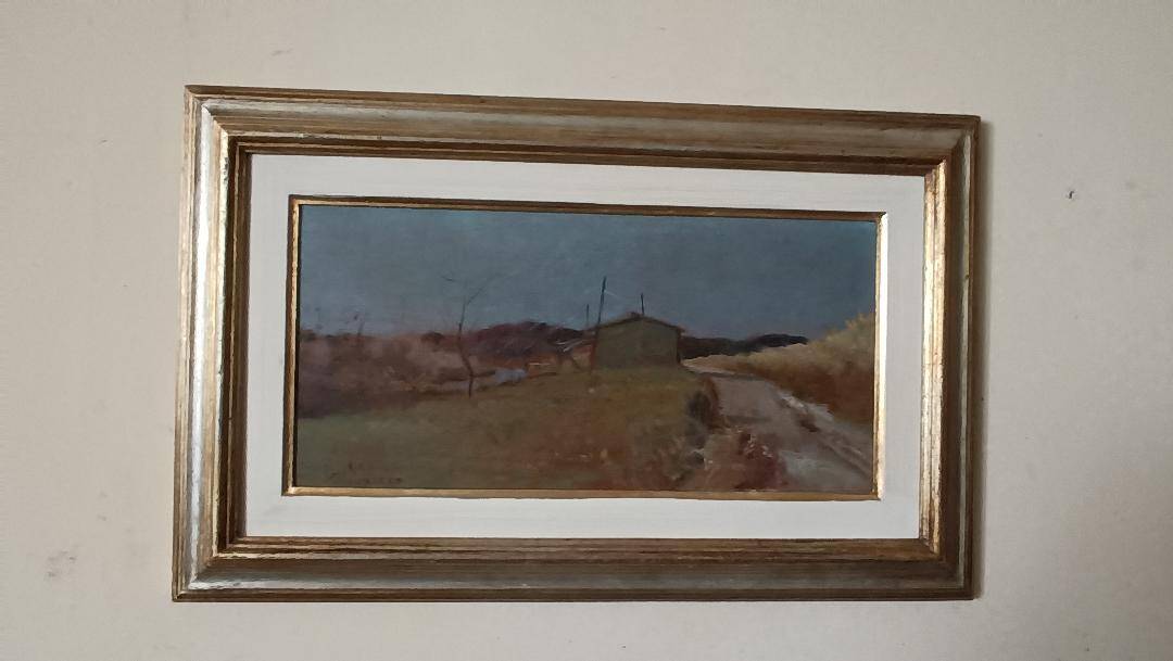 Peinture à l'huile sur panneau paysage arnaccio pise bruno loretti (livorne
