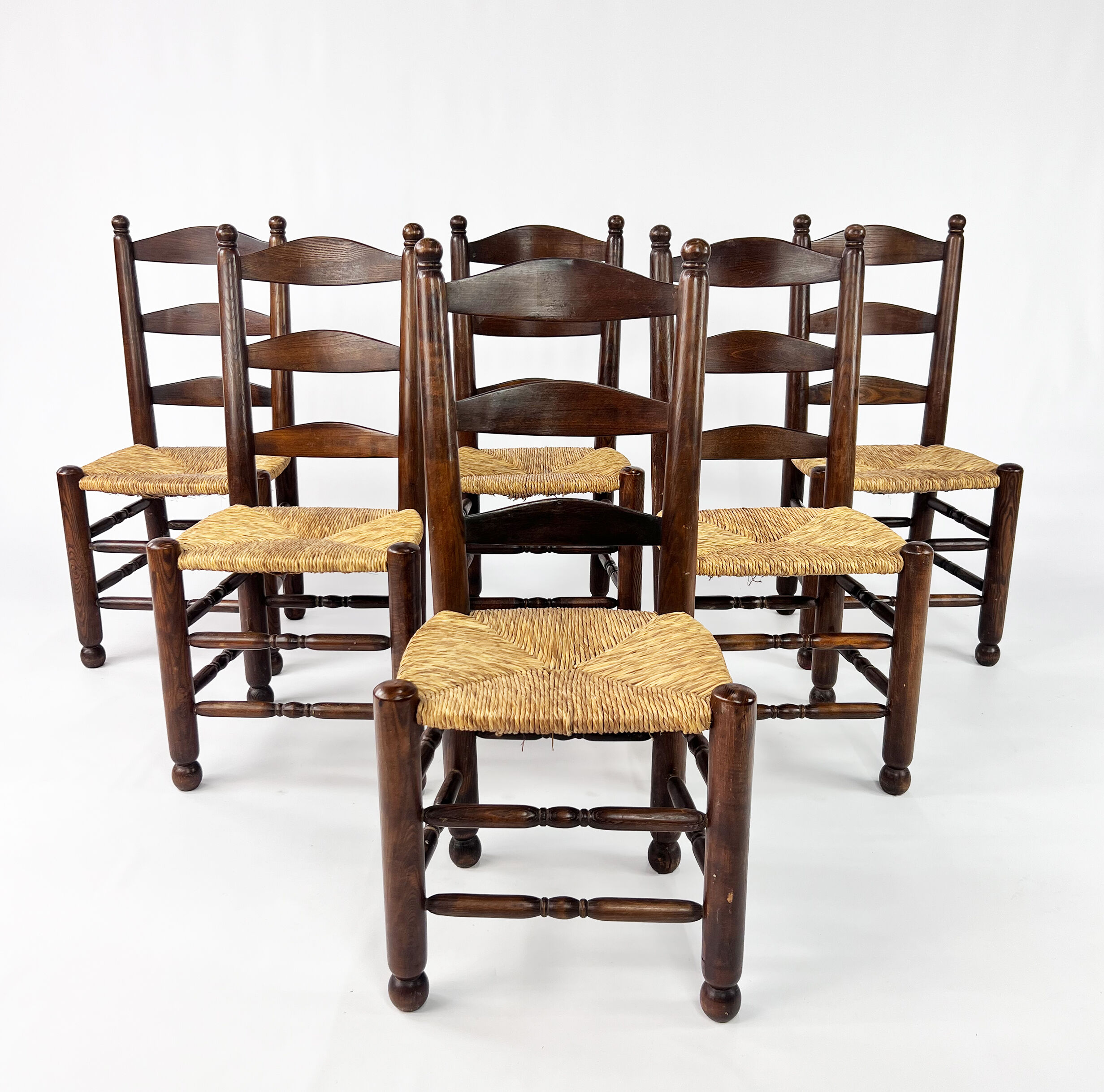 Set of 6 french antique rush and oak dining chairs, 1900s