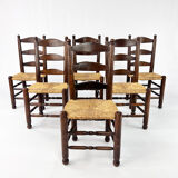 Set of 6 french antique rush and oak dining chairs, 1900s