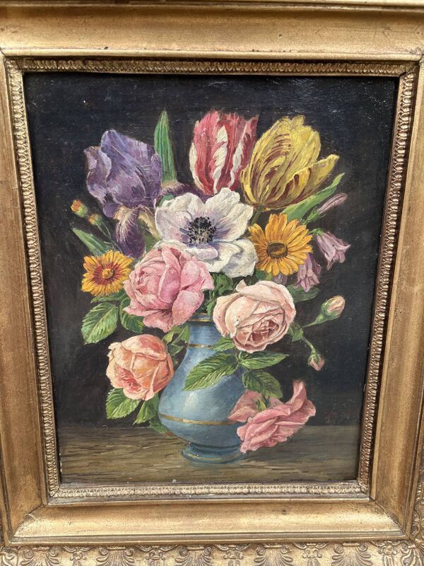 Tableau ancien nature morte aux fleurs – huile sur toile – cadre doré