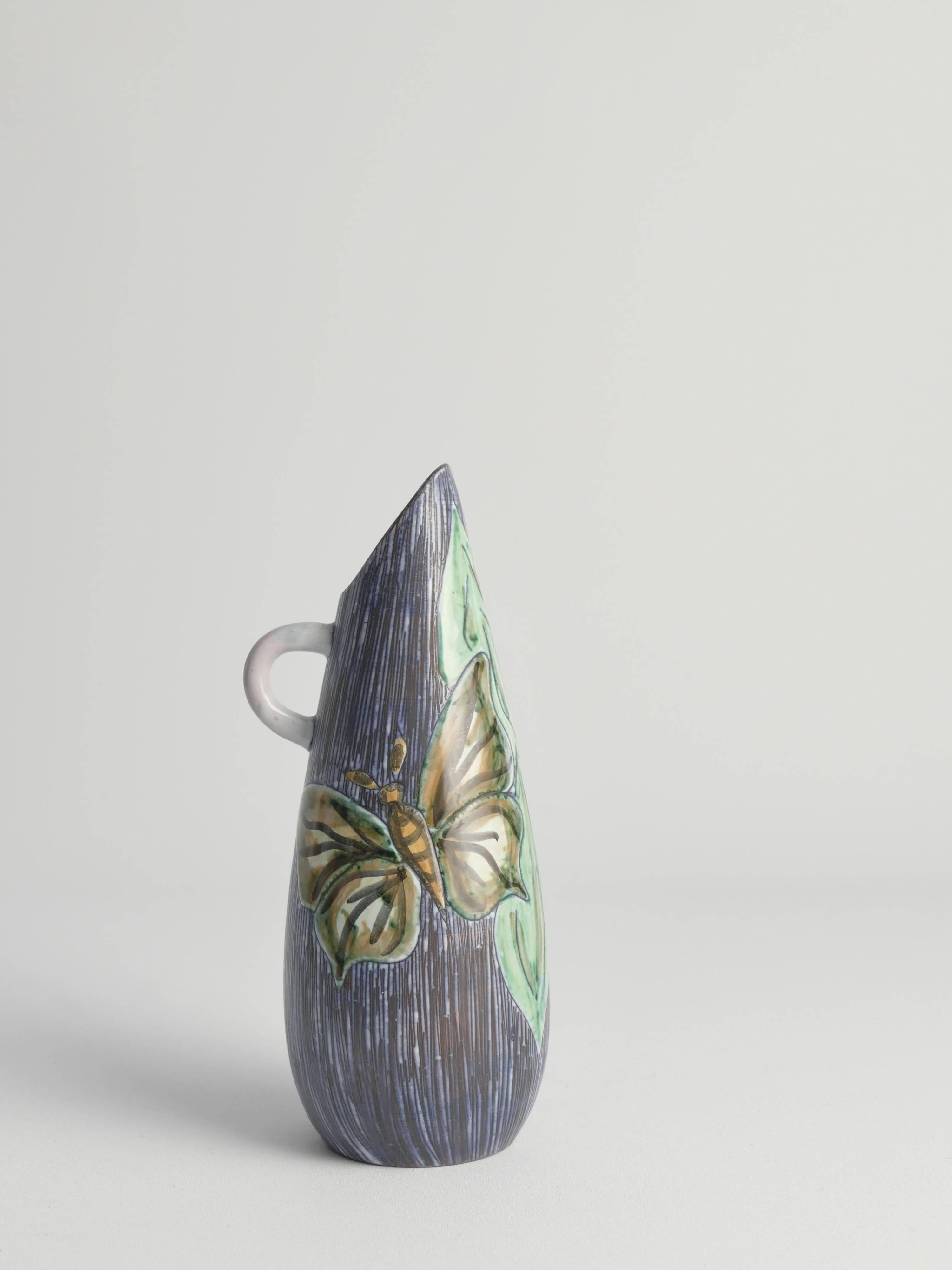 Mid-Century Modern Stoneware Vase with Sgraffito and Butterflies. Sweden, 1950s