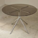 Round table in smoked glass and chrome metal from the 70s