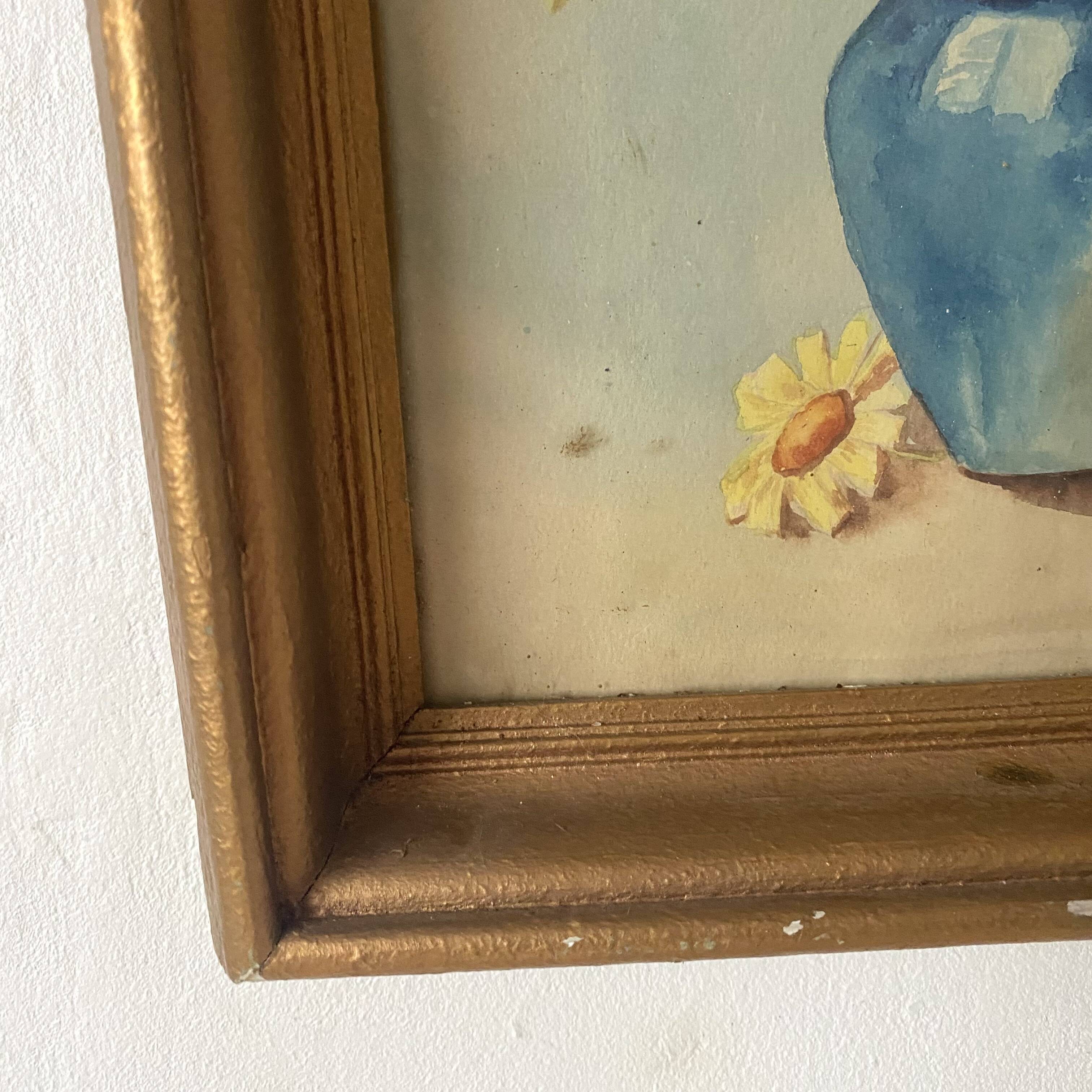 Antique framed watercolor bouquet of flowers