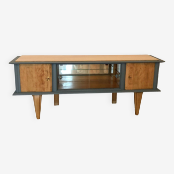 Sideboard from the 60s, Fine de Clair blue tint and raw wood