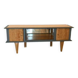 Sideboard from the 60s, Fine de Clair blue tint and raw wood