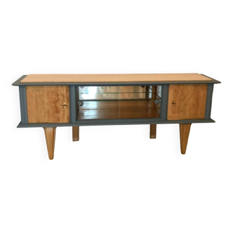 Sideboard from the 60s, Fine light blue tint and raw wood