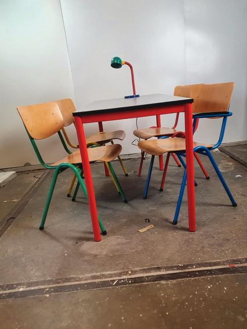 Multicolored dining table and chairs 80s