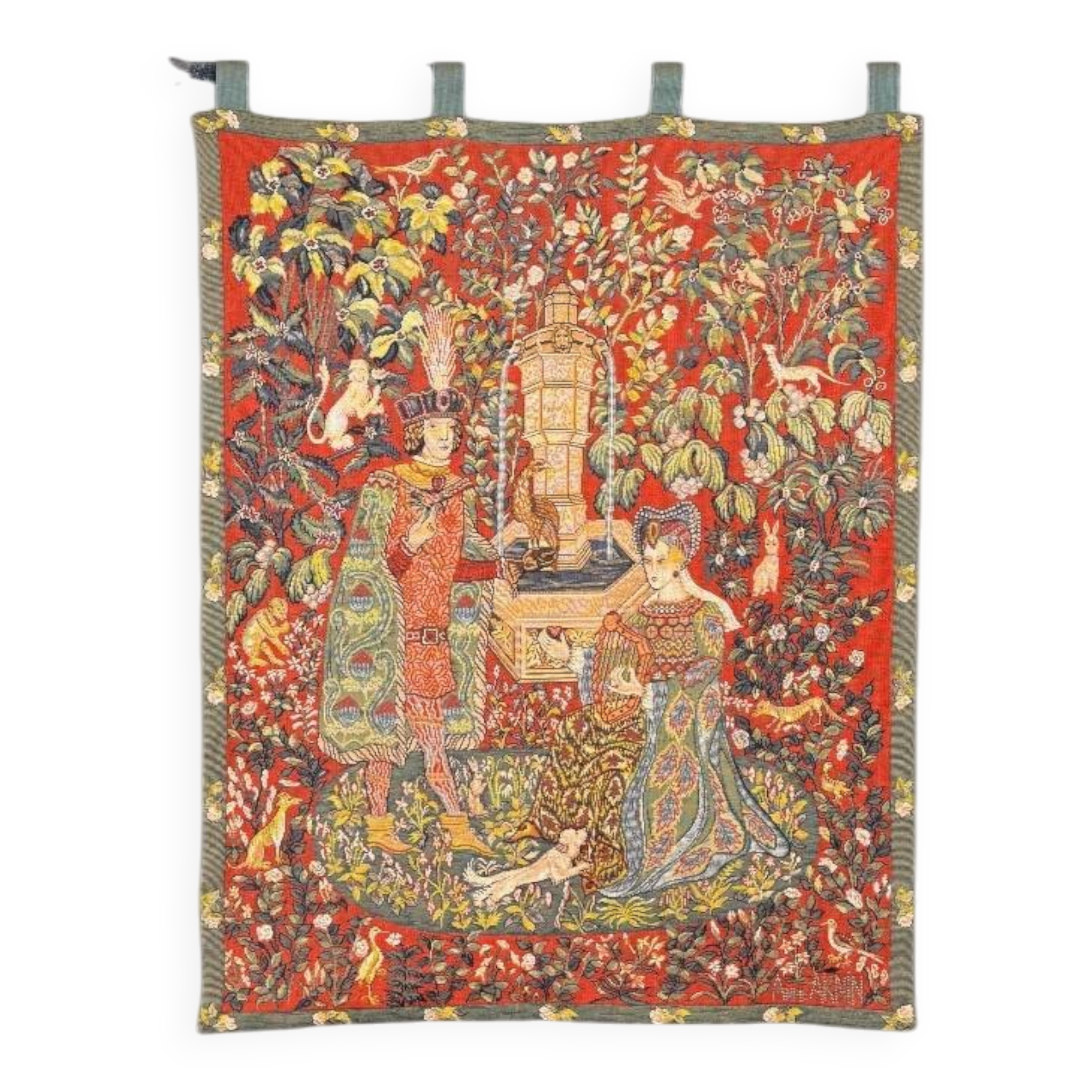 Medieval-style wall tapestry, courtly scene, 20th century