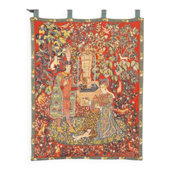 Medieval-style wall tapestry, courtly scene, 20th century