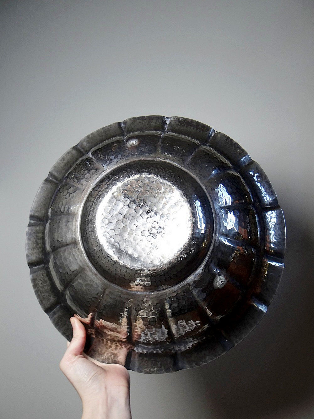 Large basin, bowl, Olri Italy vintage 1950s hammered silver.