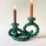 Two-armed candlestick in green glazed ceramic, braided effect