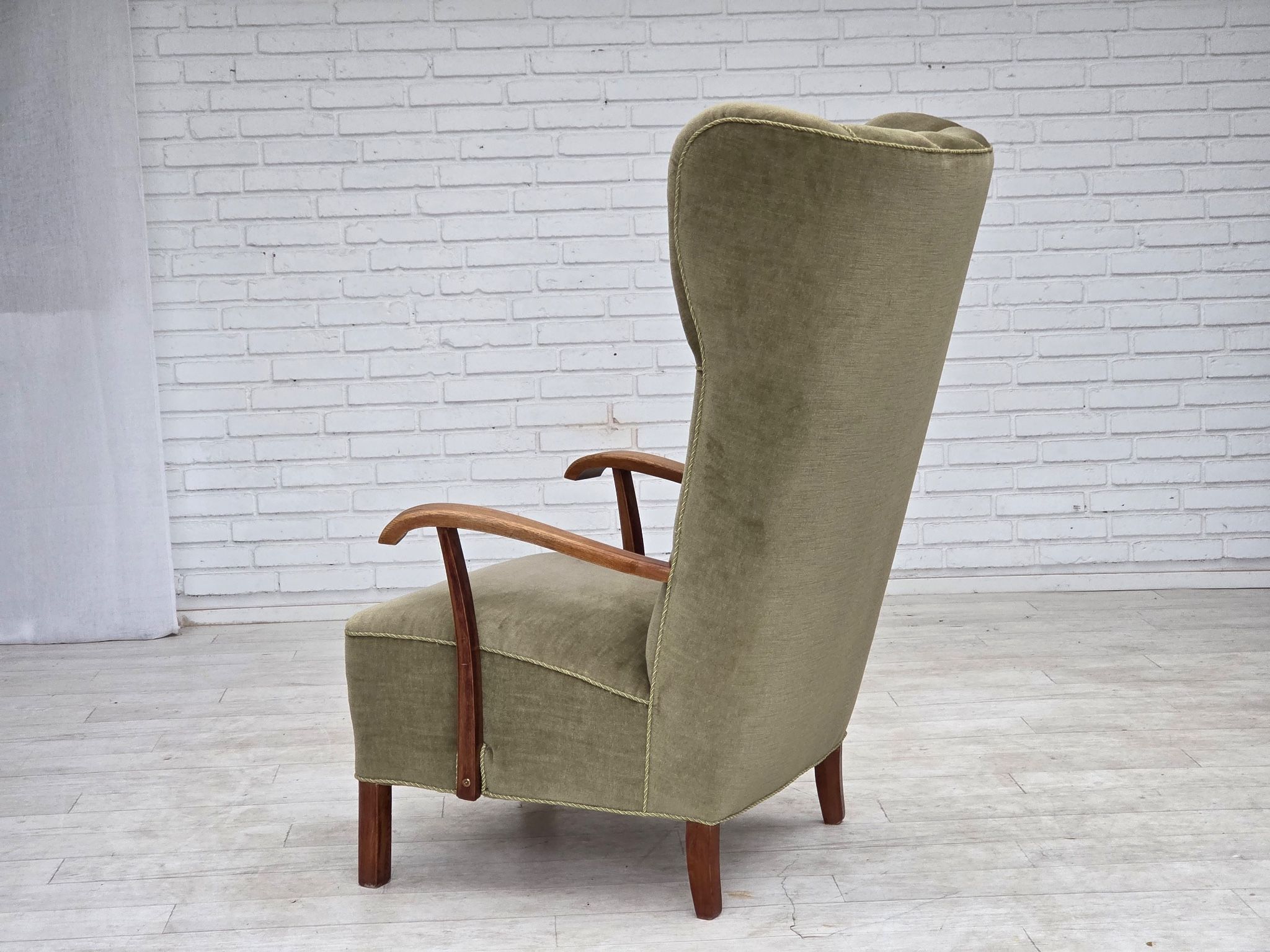 1960s, Danish highback armchair, furniture velour, oak wood.