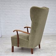 1960s, Danish highback armchair, furniture velour, oak wood.