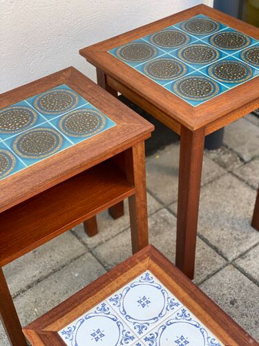 Trio of Danish Nest of Teakwood Table with Ceramic Tops